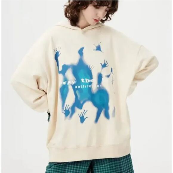 AELFRIC EDEN Abstraction Shadow Print Hoodie Pray The Lord Cream Blue Sz XS {Q3} - Picture 1 of 5